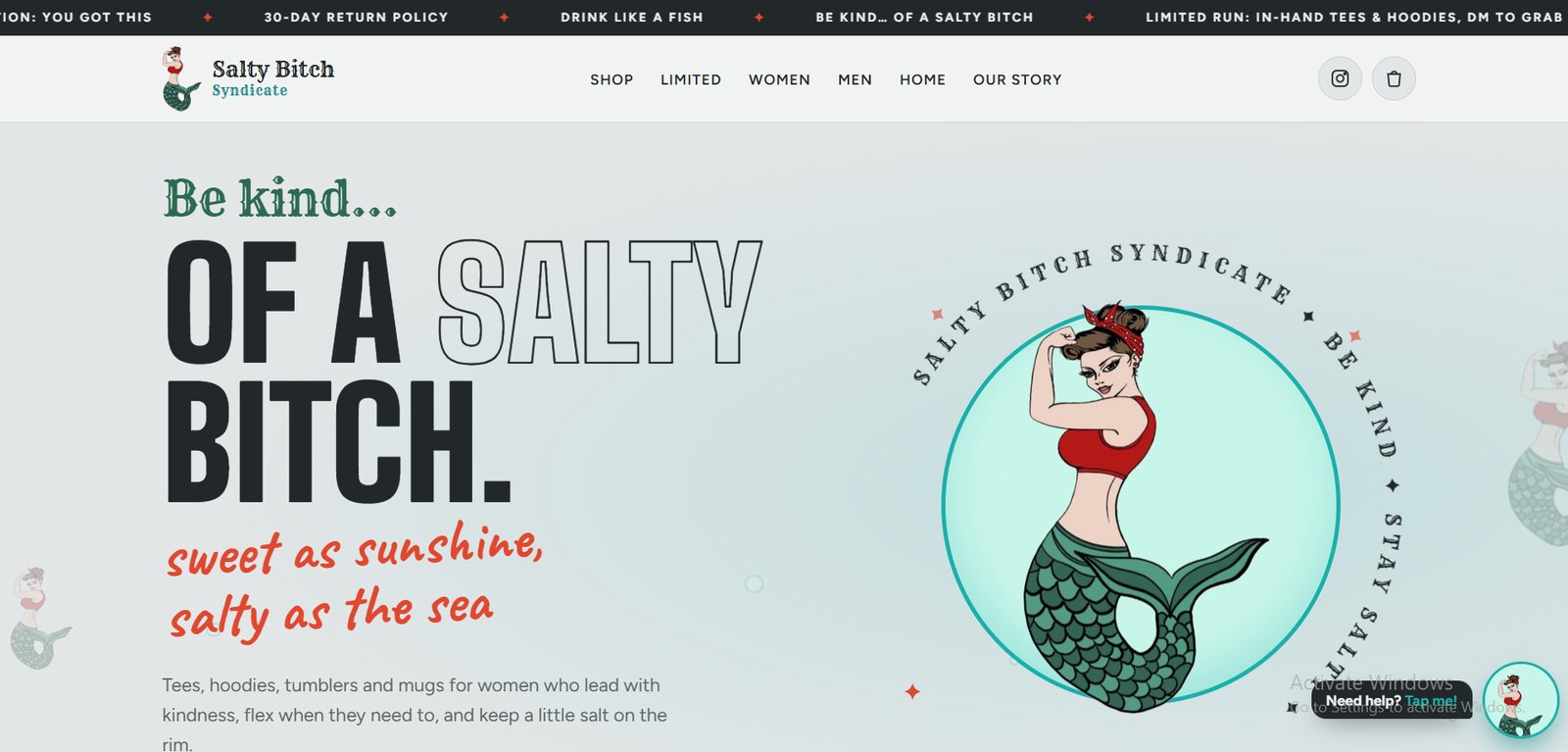 Salty Bitch Syndicate site, architected by Mike: custom mermaid illustration, editorial type and a branded contact button